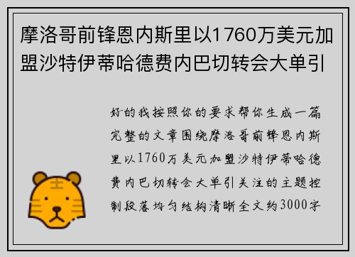 摩洛哥前锋恩内斯里以1760万美元加盟沙特伊蒂哈德费内巴切转会大单引关注