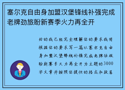 塞尔克自由身加盟汉堡锋线补强完成老牌劲旅盼新赛季火力再全开